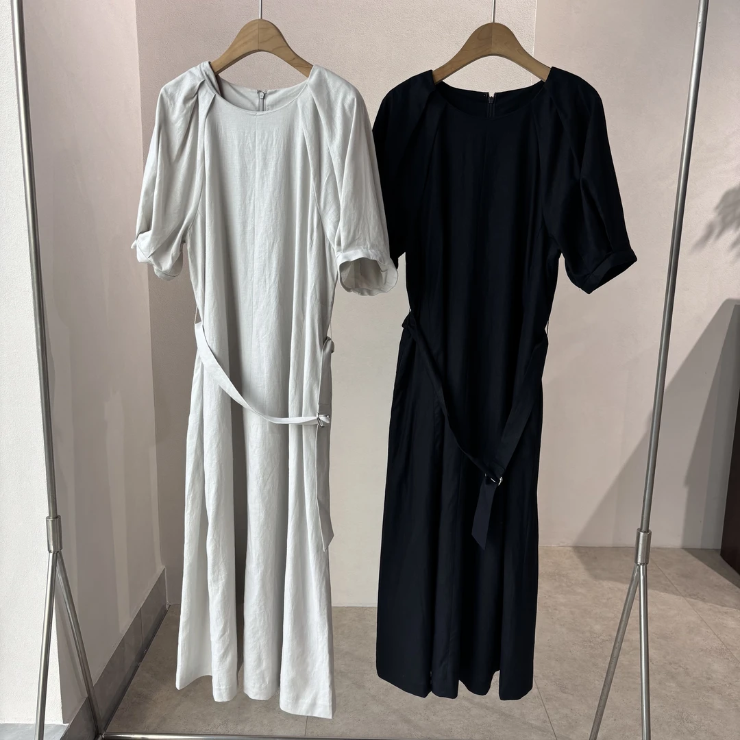 【特价】CLYQ4839 日本客人订单 双色后中缝亚麻连衣裙