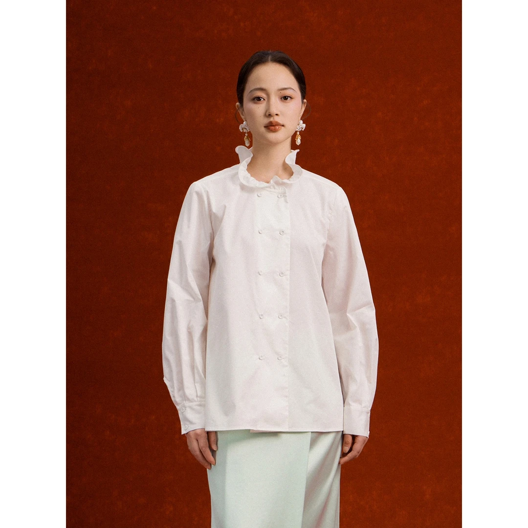 念十二【元日】褶花领双排扣复古国风衬衫宽松新中式简约优雅上衣