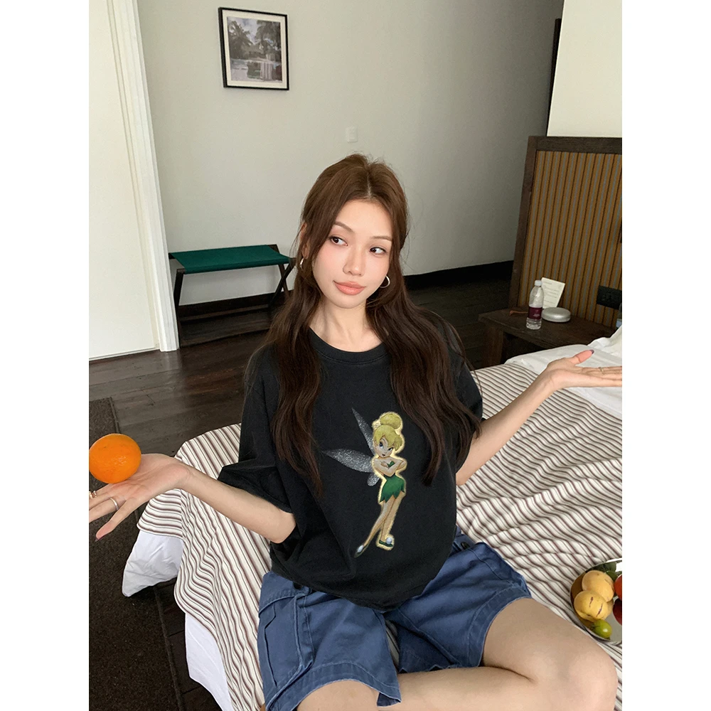 张贝贝复古做旧花仙子精灵印花落肩圆领短袖休闲t女减龄百搭