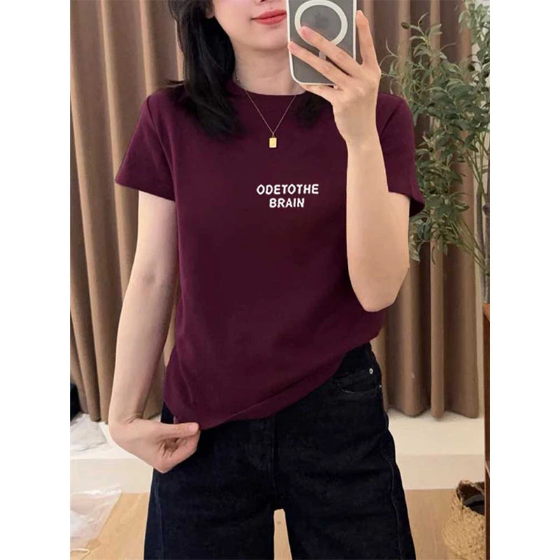 2025新款正肩简约乌梅紫色短袖T恤女时尚百搭洋气减龄显瘦上衣夏