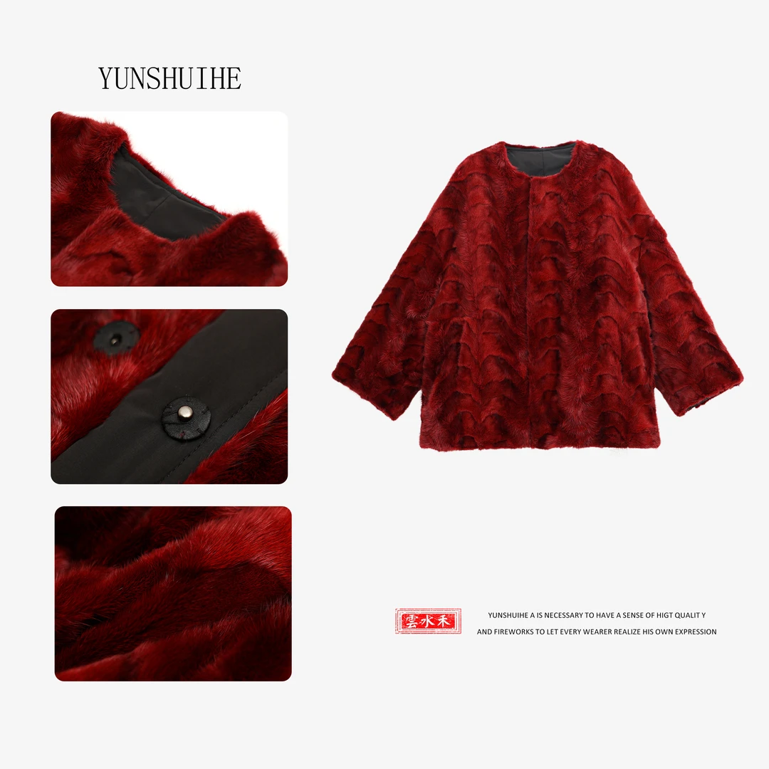 YUNSHUIHE/云水禾冬季中国红皮毛一体外套