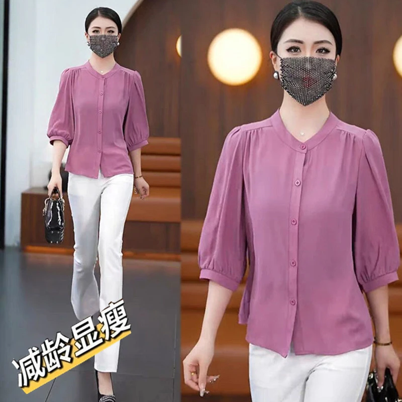 2025春夏季薄款时尚中袖冰丝上衣胖宽松大码遮肚中年妈妈气质衬衫