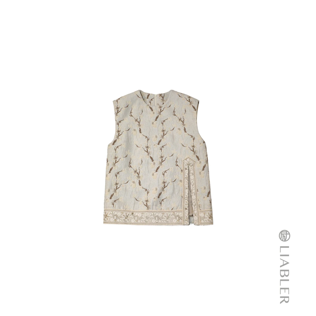 LIABLER【桃落纸上】2025早春提花织带拼接开叉上衣 LAW241393J