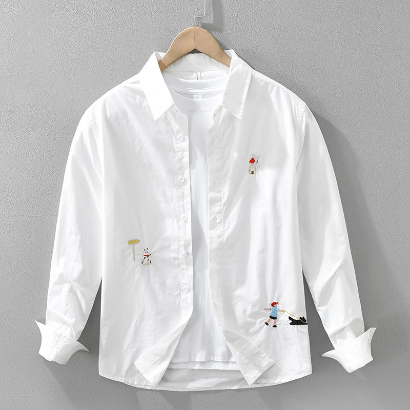 法国Cebrodz夏季刺绣长袖衬衫男休闲文艺范寸衫纯棉青年衬衣潮流