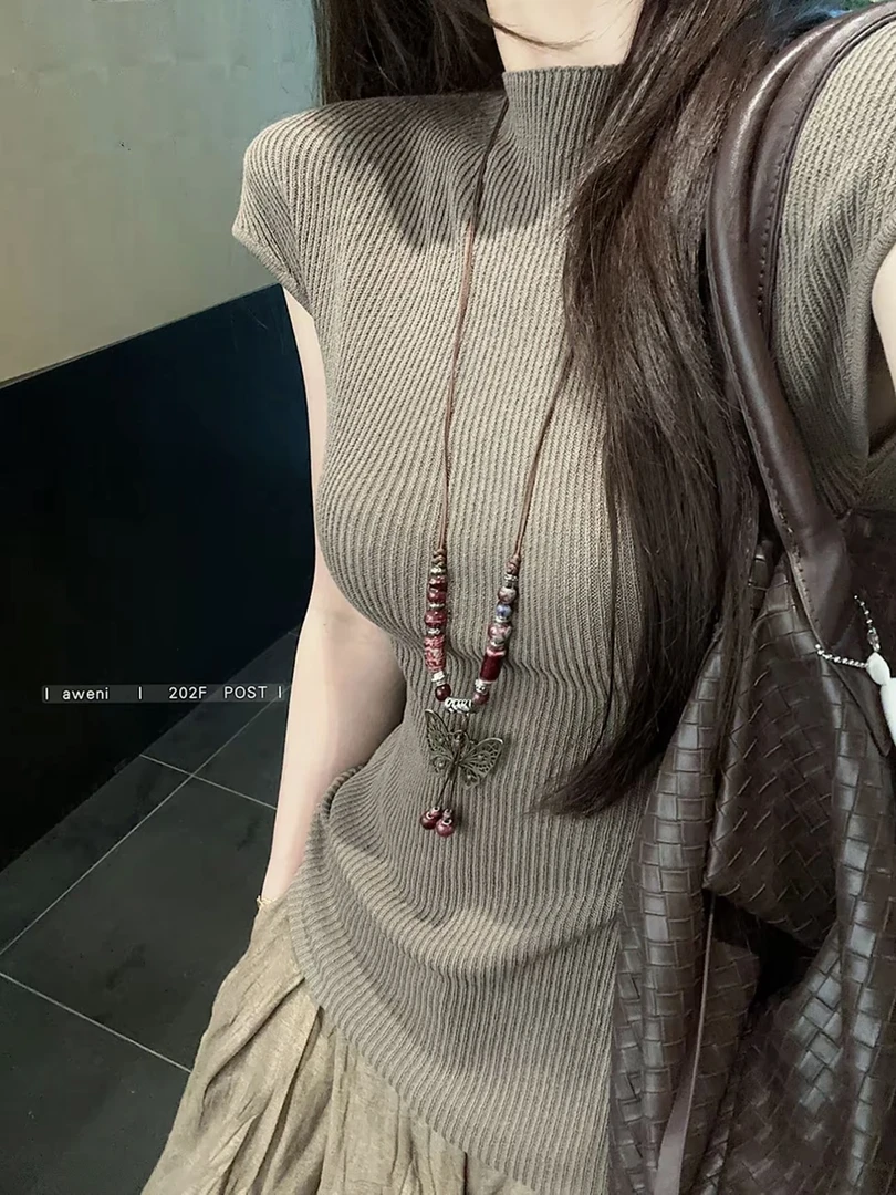 2025夏季爆款修身显瘦冰丝垂感复古短袖上衣#3031