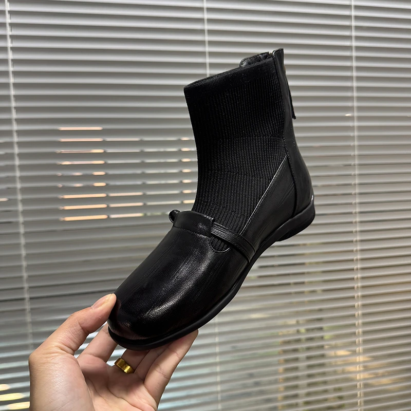 3cm/牛皮/冬季加厚保暖短靴女软底软面运动底时尚圆头百搭袜靴女