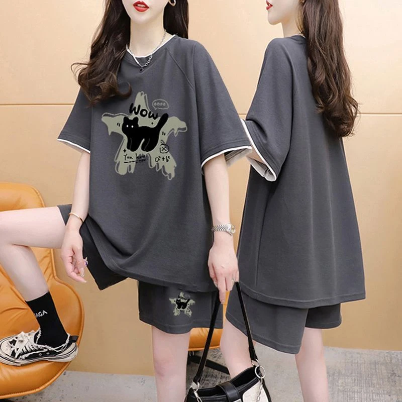 网红洋气休闲宽松纯棉运动套装女夏季新款韩版时尚短袖短裤两件套