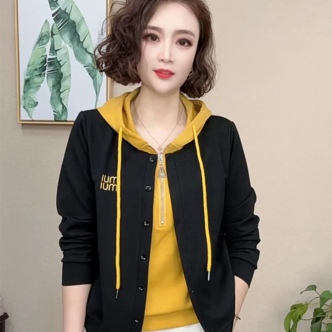 春秋新款时尚女装假两件连帽卫衣女士洋气休闲妈妈装长袖开衫上衣