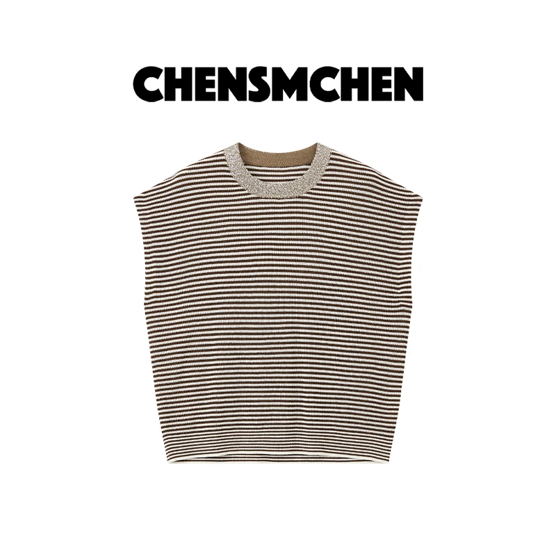 CHENSMCHEN 简约条纹圆领针织衫女宽松时尚显瘦百搭上衣CSZ6051SL