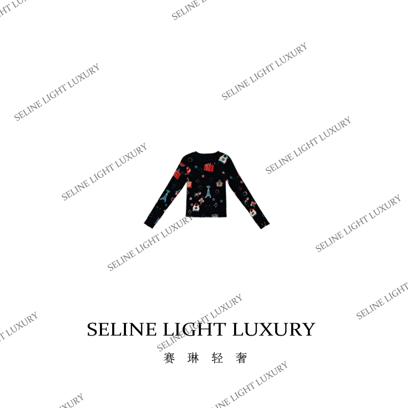 【24Q-131】2024 SELINE 秋冬原创重工轻奢黑色长袖百搭圆领上衣