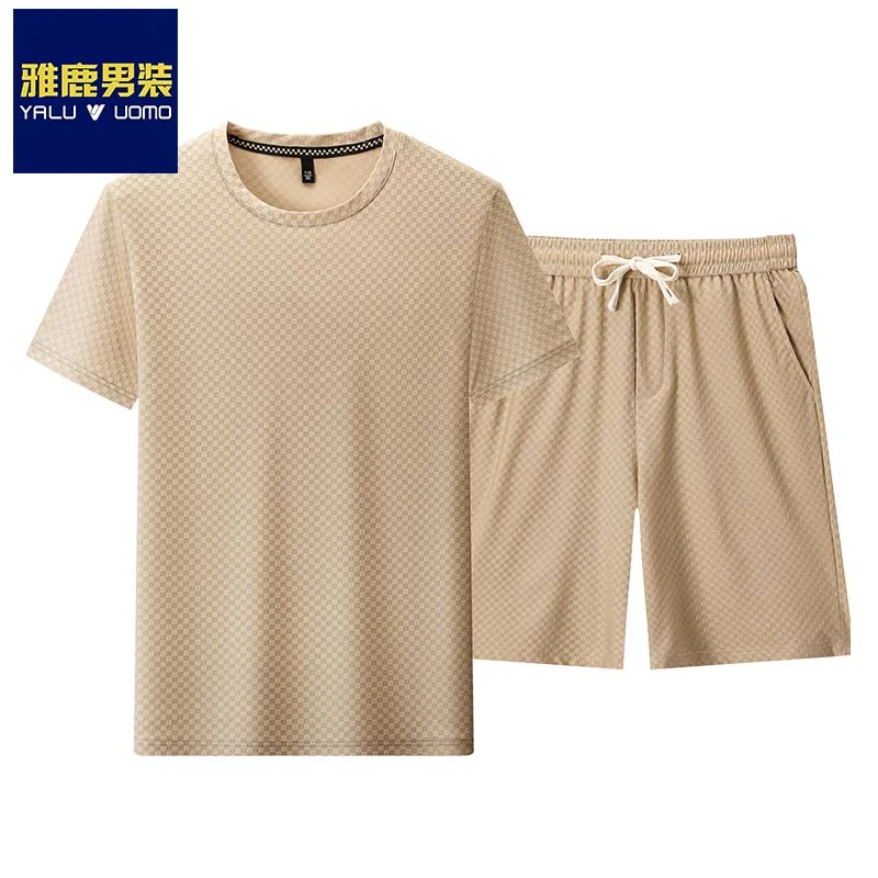 雅鹿男装爸爸装商务休闲百搭圆领短袖宽松短裤宽松套装提花两件套
