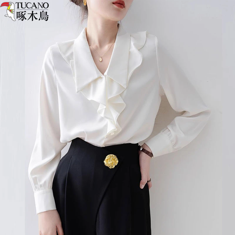 TUCANO/啄木鳥杏白色衬衫女士长袖2025新款爆款秋冬韩系宽松小衫