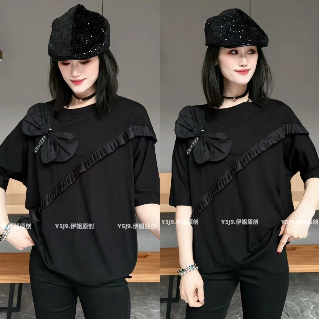 【YJ·高定】2025春夏宽松百搭设计感刺绣珠片显瘦半袖上衣女 YY1833