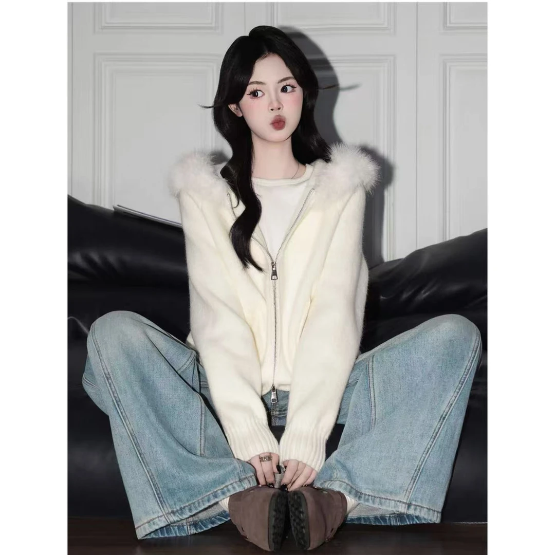 短款秋冬连帽温柔风针织毛针织衫宽松毛绒保暖百搭