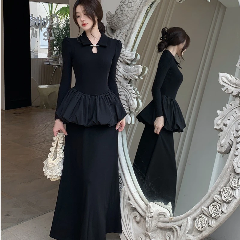 新中式靓女国风改良长袖连衣设计感气质收腰显瘦遮肉长裙子女2025