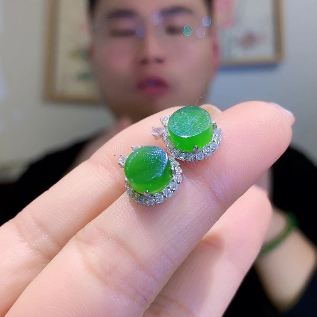 和田玉（碧玉）耳饰银S925镀金镶嵌