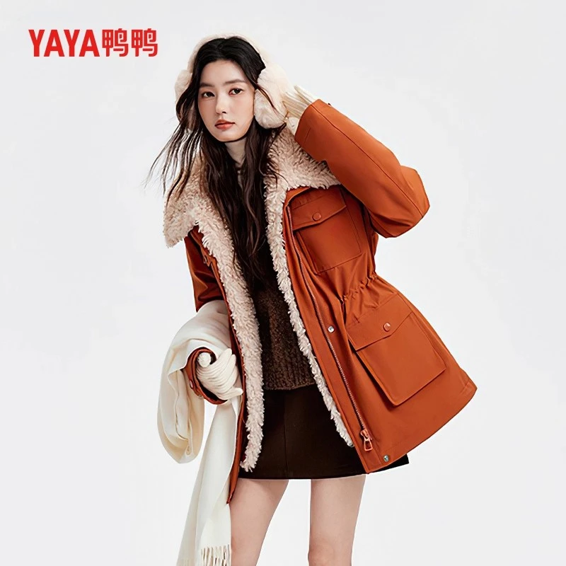 鸭鸭官方正品羽绒服女2025冬新款加厚工装派克时尚保暖毛毛领外套