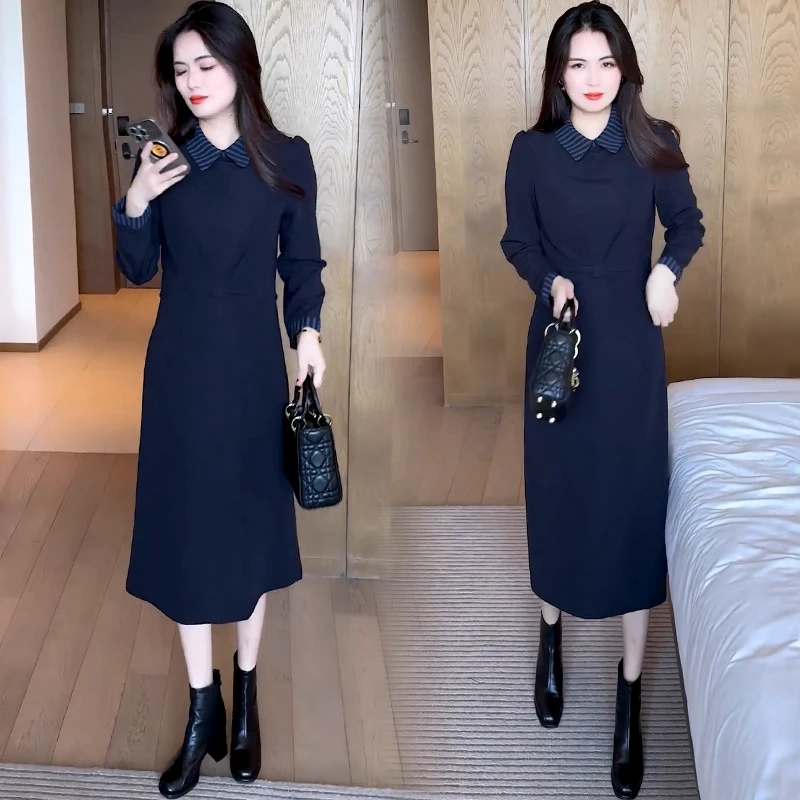 法式时尚连衣裙女2025秋季新款洋气显瘦假两件拼接中长款减龄裙子