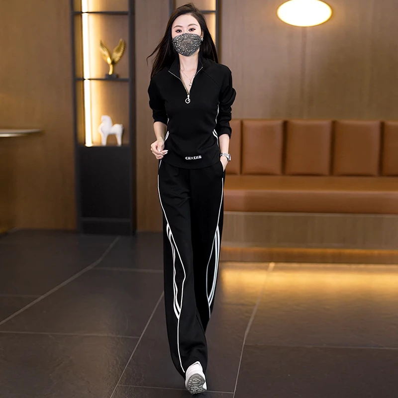 休闲风时尚套装2025秋季新款韩系显瘦减龄立领上衣阔腿裤两件套