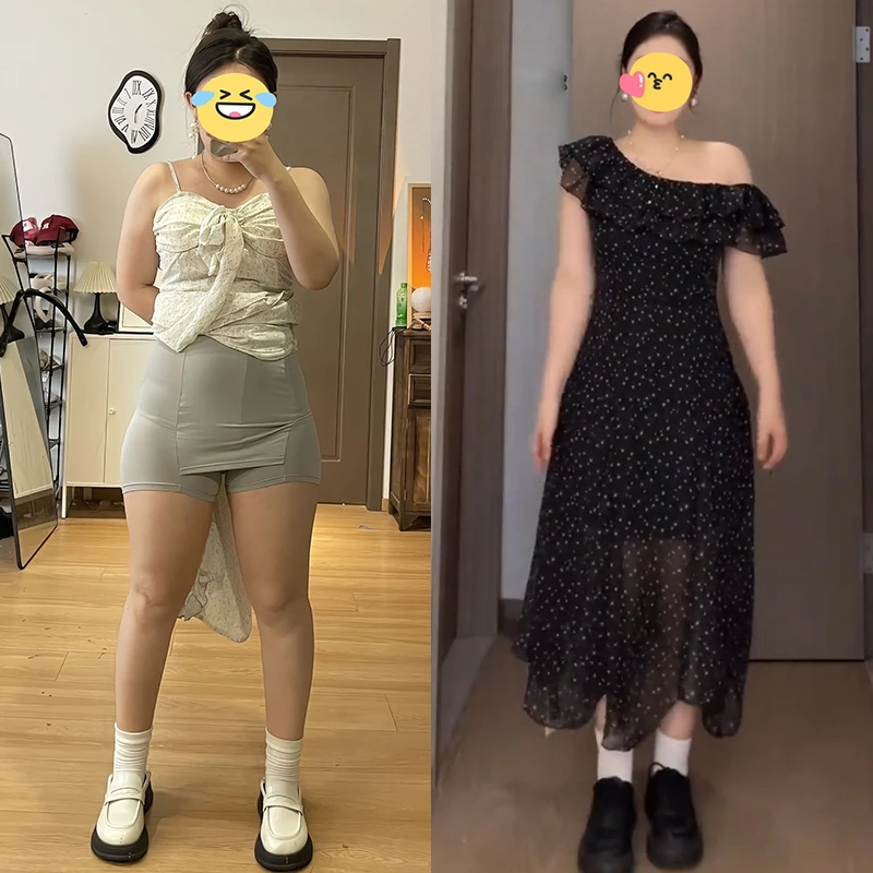 大码高级感气质减龄斜肩波点连衣裙女夏季薄款胖mm收腰显瘦长裙子