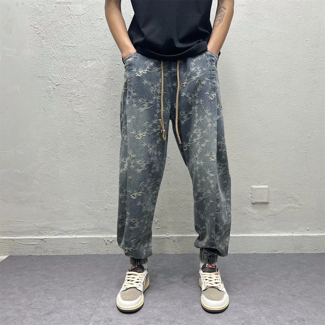 潮牌水洗提花牛仔裤男士春季新款修身百搭束脚哈伦痞帅宽松休闲裤