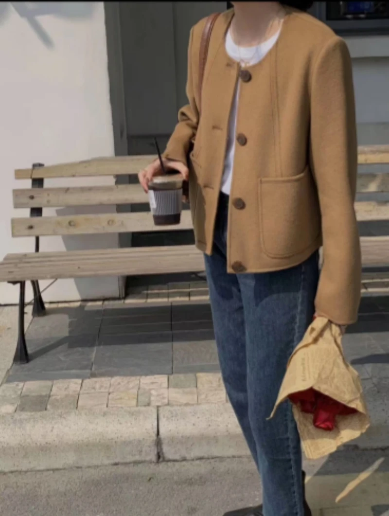 亦雯【琉璃月光】羊绒羊毛韩版复古单排扣圆领毛呢短款开衫外套秋冬