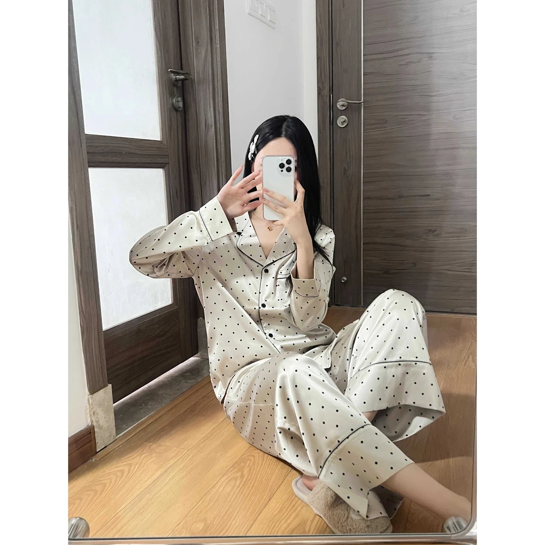 【波点印花】高级冰丝秋冬长袖睡衣女夏秋季新款长裤家居服套装大码