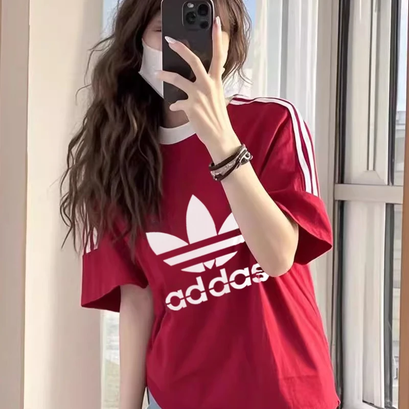 奥特莱斯美式印花三条杠短袖T恤男女夏季新款百搭宽松纯棉上衣R