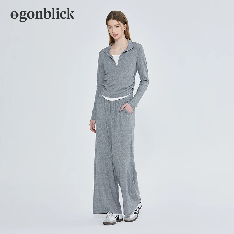 【北欧时刻】春季简约休闲长袖假两件套装女上衣阔腿裤两件套