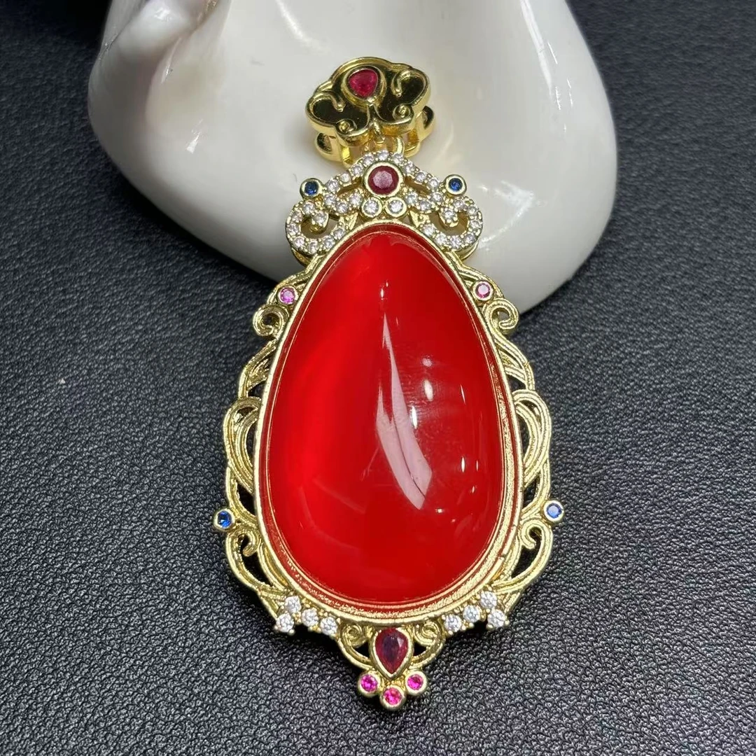 ST2000-红咔玛瑙红水滴吊坠-配麻花链