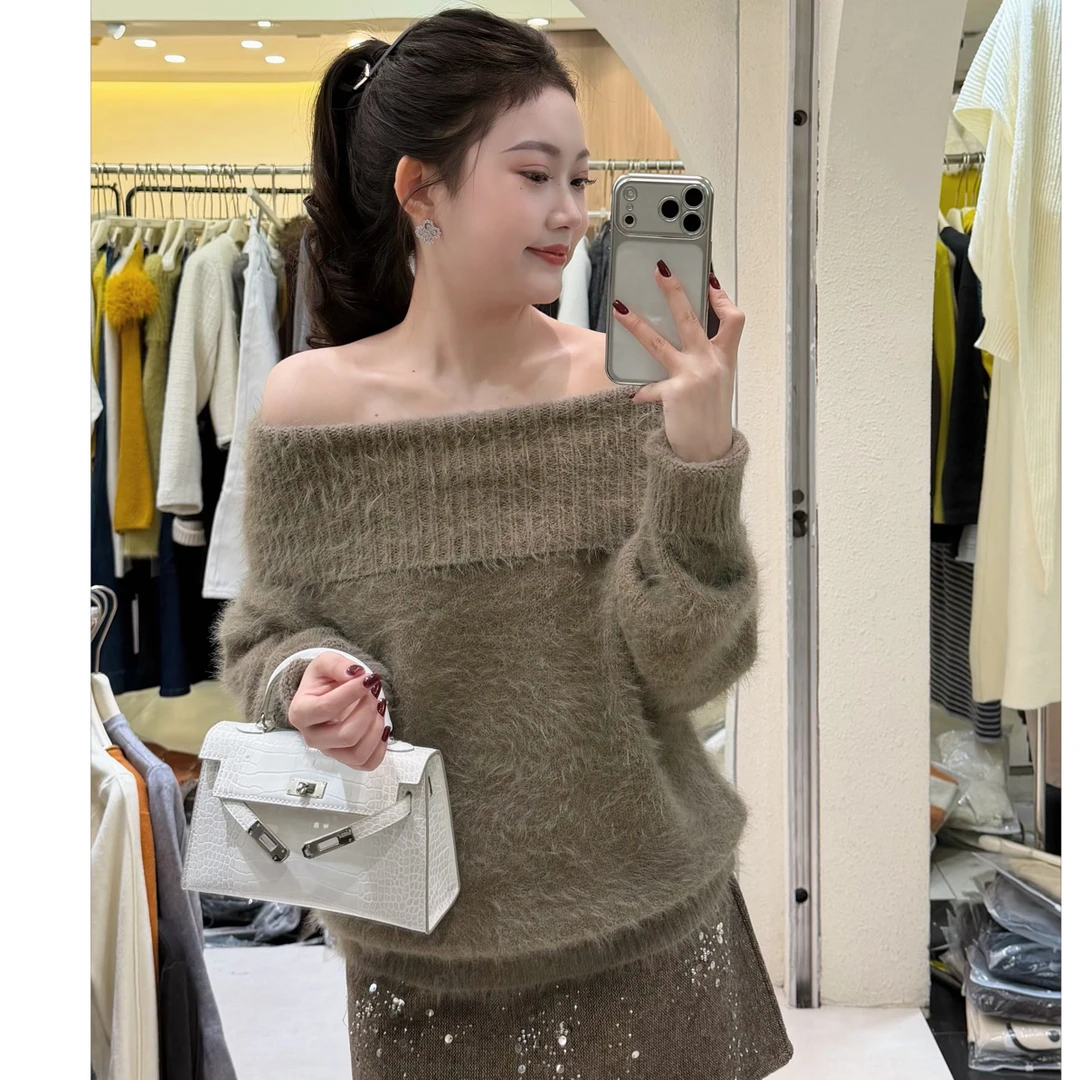 【毛绒软糯】慵懒温柔风一字肩显瘦针织衫毛衣可半高领穿可露肩穿