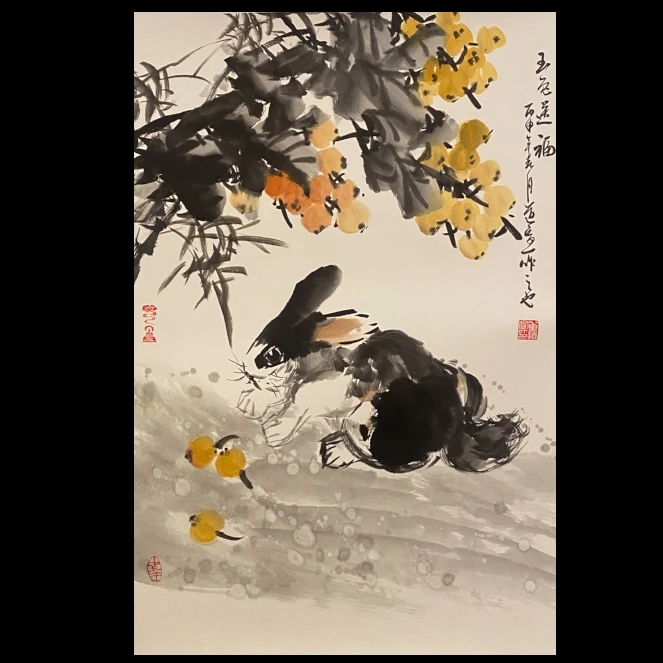 《玉兔送福》董道宣四尺三开精品花鸟