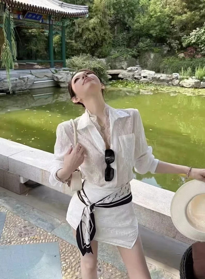 法式蕾丝提花设计感防晒衬衫搭配半身裙女夏季时尚气质套装