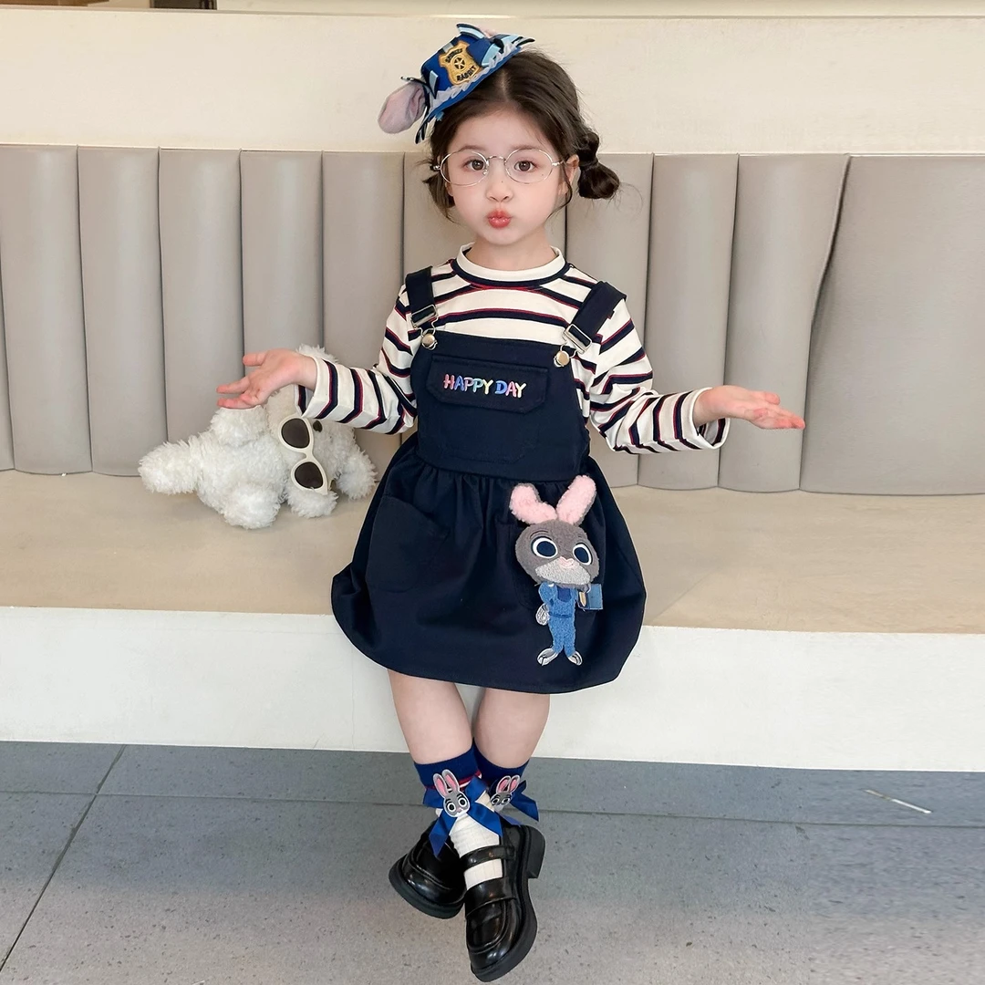 女童背带裙2025新款小女孩卡通条纹套装裙子女宝宝两件套洋气秋装