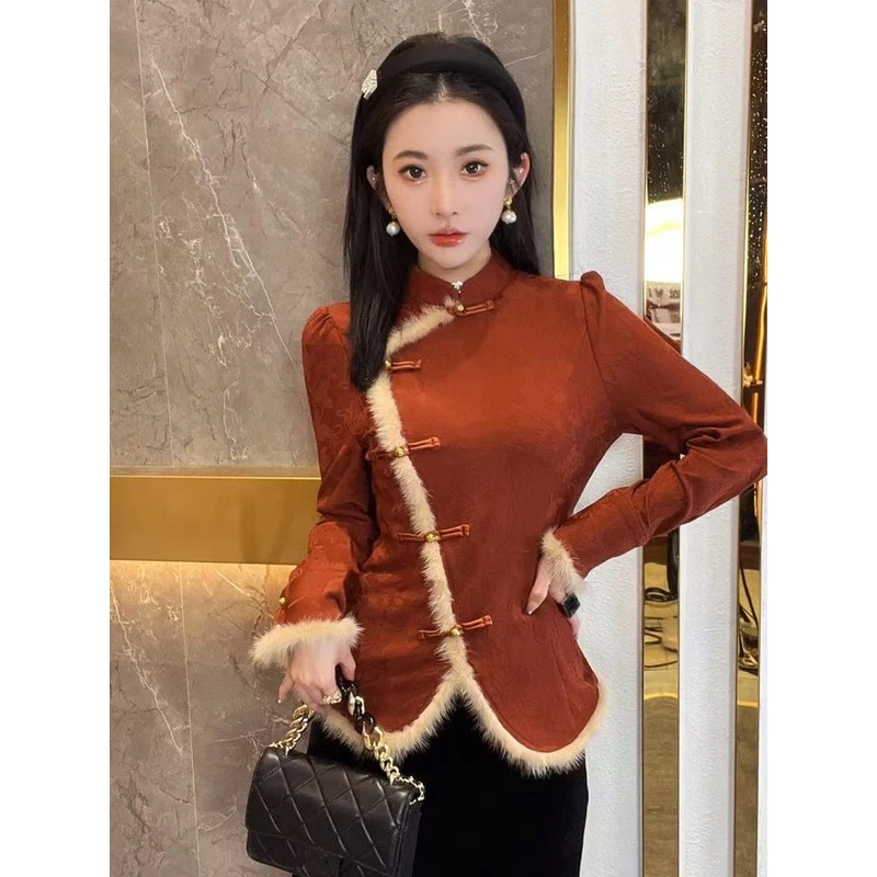 新中式复古水貂毛提花衬衫女冬设计感打底衫修身显瘦气质盘扣上衣