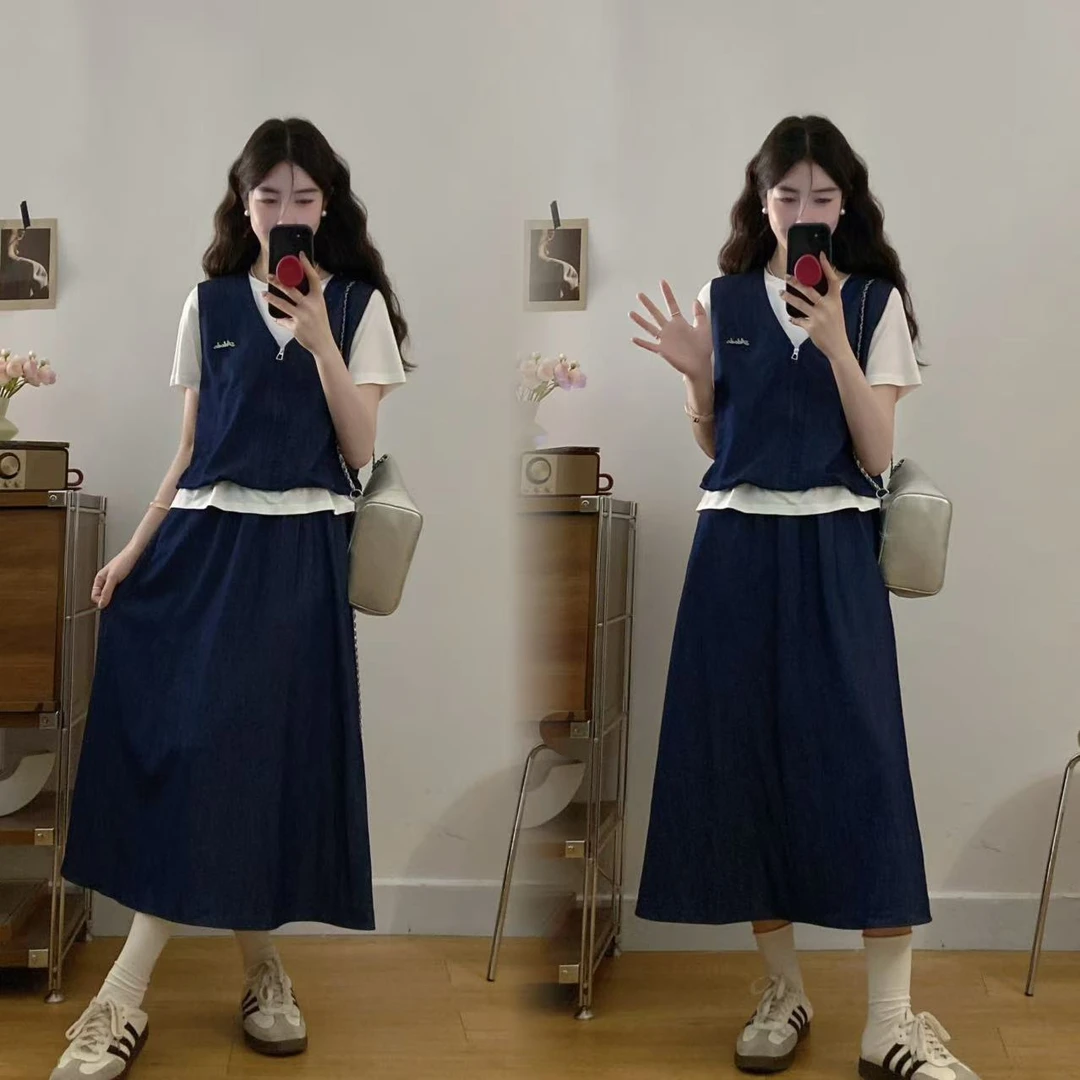 大码夏季新款胖MM慵懒松弛感假两件上衣半身裙两件套