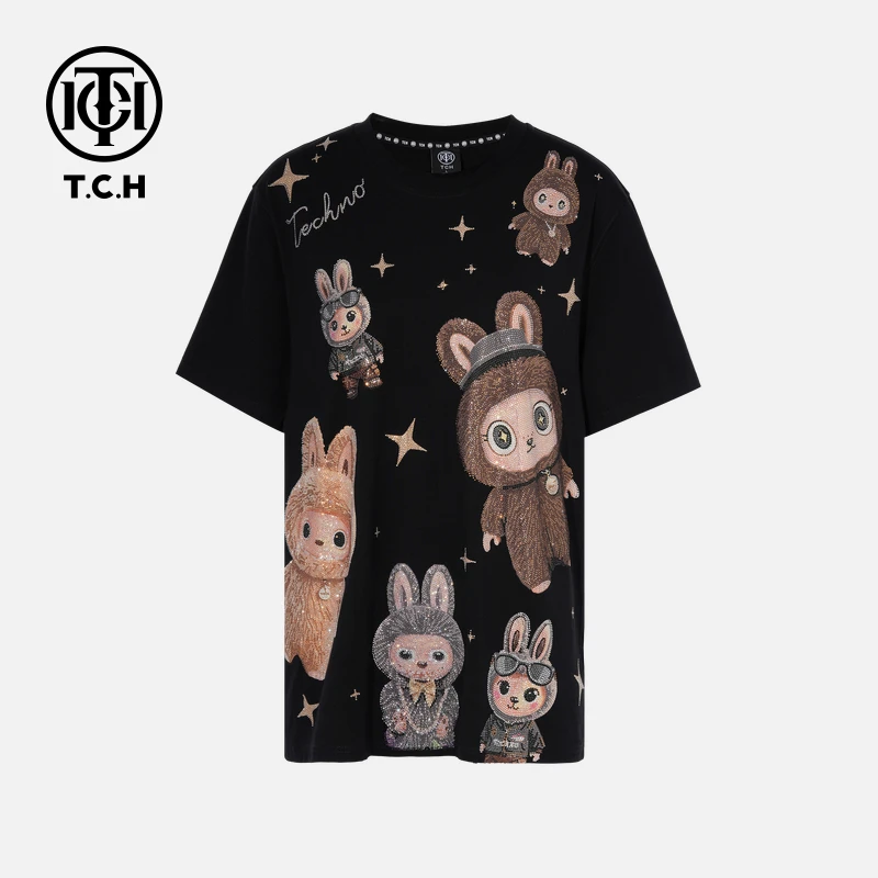 TCH轻奢秋款烫钻卡通可爱风时尚黑色圆领T恤T75C10E9049私服tch
