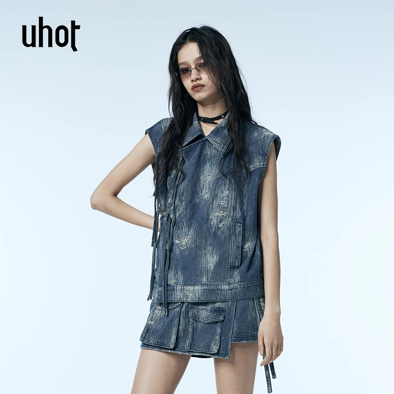 UHOT蓝色新中式金属盘扣斜襟丹宁风牛仔马甲女夏季新款UWWR2N658M