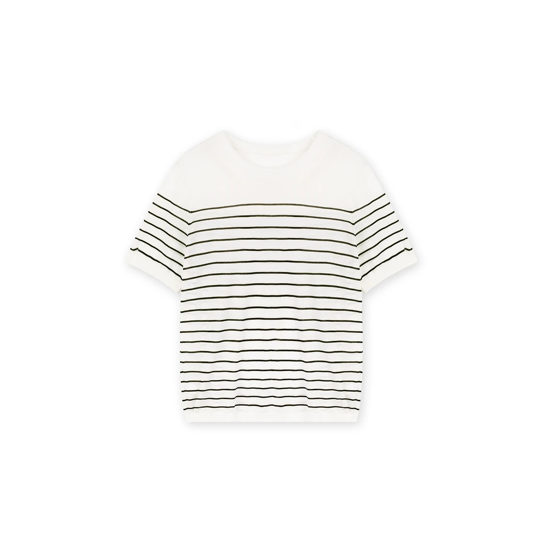 【十一专属】（左谜）镂空条纹拼色圆领针织短袖ZY-T3703