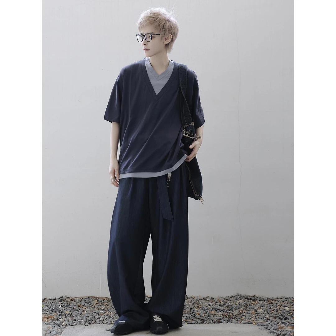 男装轻奢 日系拼接撞色假两件短袖 亲肤超柔软透气叠穿小领恤