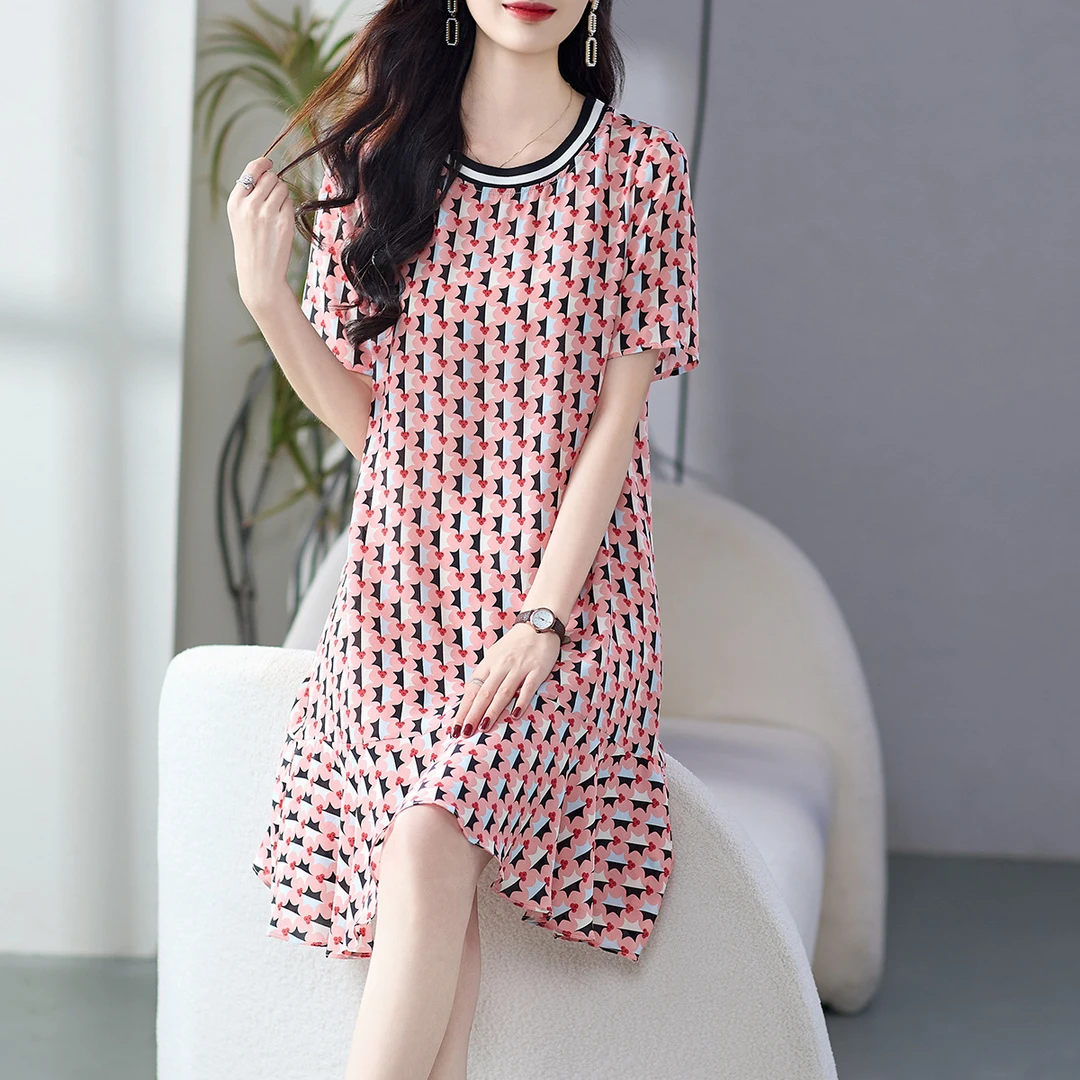 69516 真丝连衣裙女荷叶边气质减龄粉色印花裙桑蚕丝女装高级感