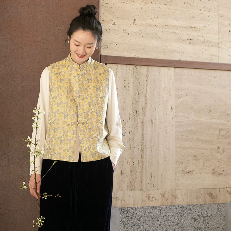 牧衣游原创 迎春花织宋锦马夹新款复古高端气质中式马甲 春茶香