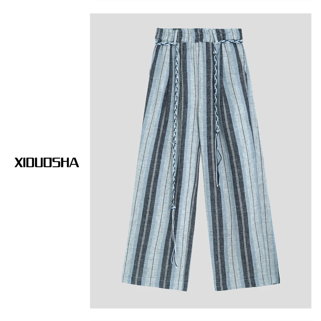 XIDUOSHA/喜朵莎100%亚麻极简风宽松慵懒竖条纹直筒裤XDS33019