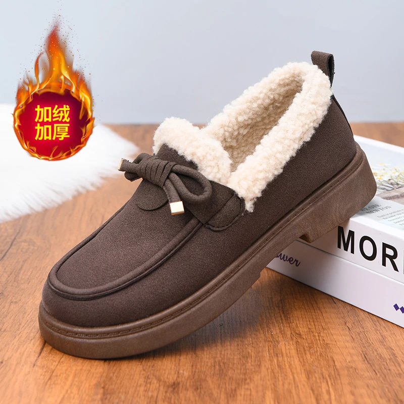 2025秋冬新款棉鞋女外穿加绒乐福鞋一脚蹬豆豆懒人鞋绒面勃肯鞋