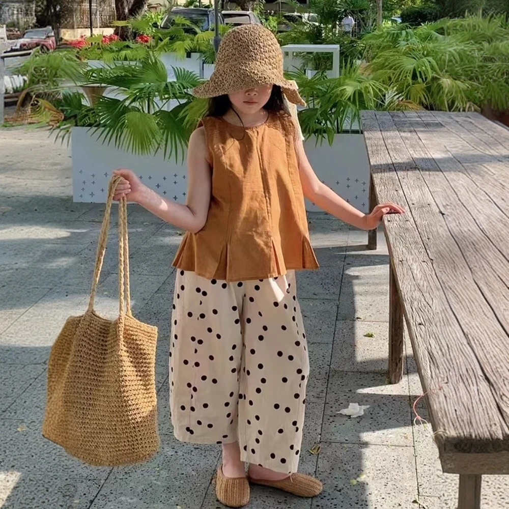 2025夏季新款女童森系无袖娃娃衫上衣洋气时髦宽松波点休闲裤套装