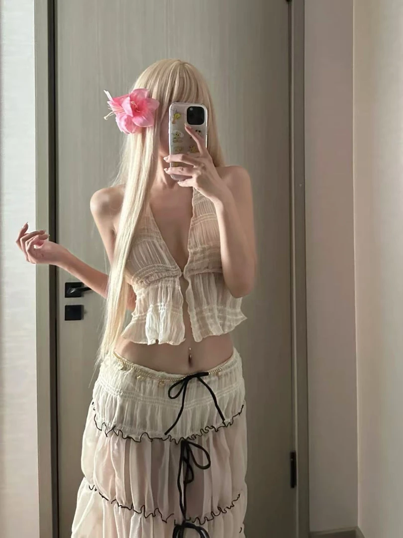 法式度假风系脖V领吊带背心女春夏纯欲辣妹长裙带胸垫带泳裤沙滩