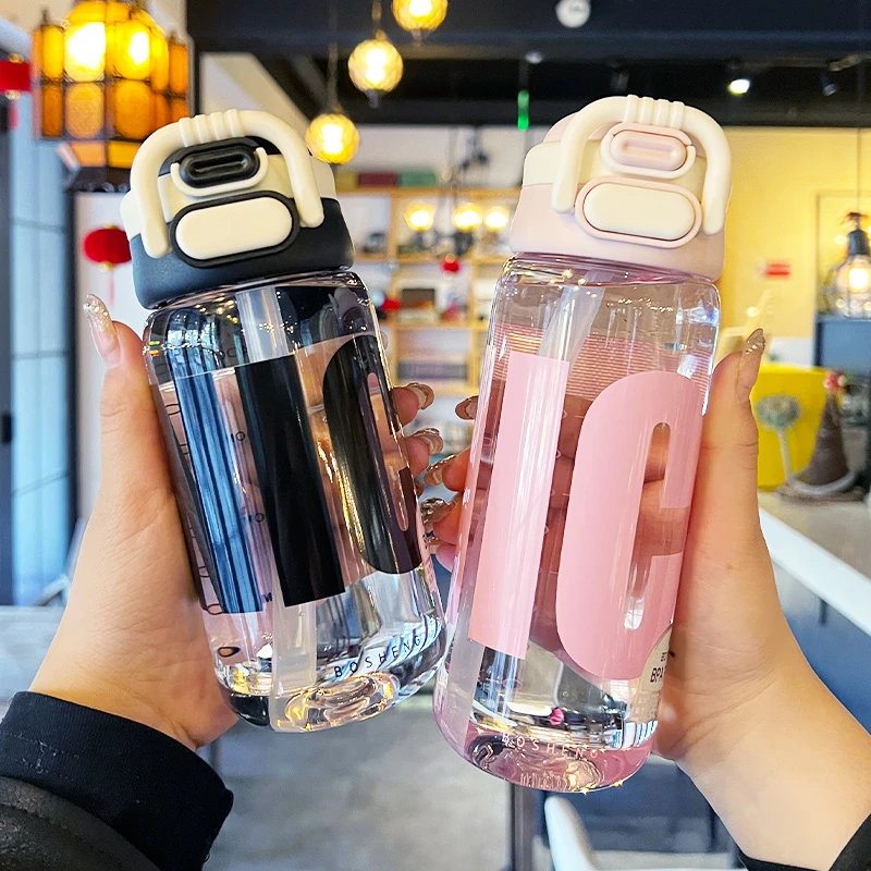 简约潮流大容量吸管杯女生便携随手杯小学生幼儿园上学防摔双饮杯