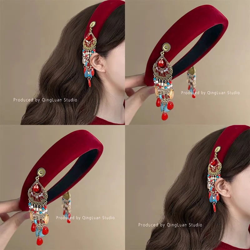 复古宫廷风新年红丝绒流苏发箍高颅顶轻奢头箍气质甜美民族风发饰