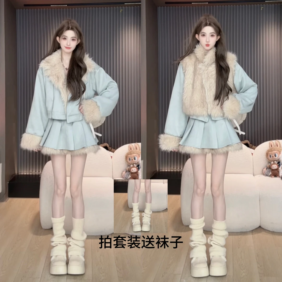 MM胡萝卜【两面穿薄荷麂皮绒拼草草裙套装】新款气质拍照必备衣服