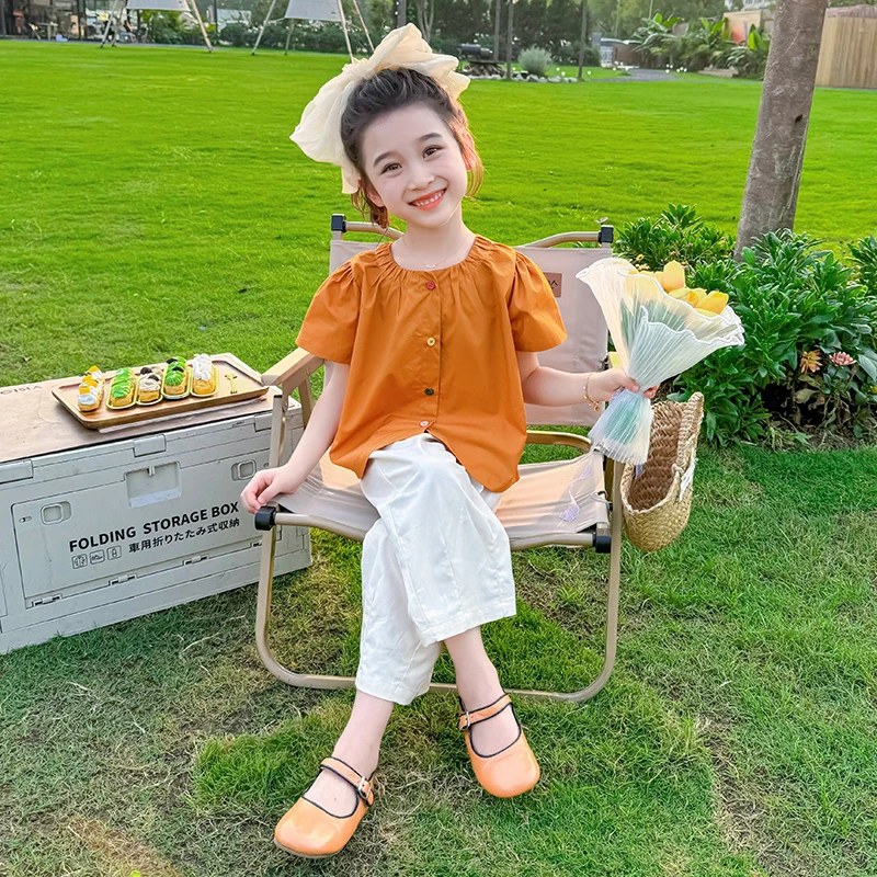 女童套装夏季2025新款洋气时髦女宝宝短袖两件套韩系儿童夏装焦糖